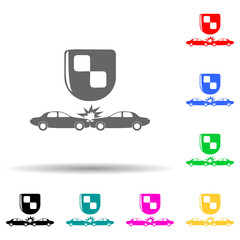 shield and accident cars multi color style icon. Simple glyph, flat vector of insurance icons for ui and ux, website or mobile application