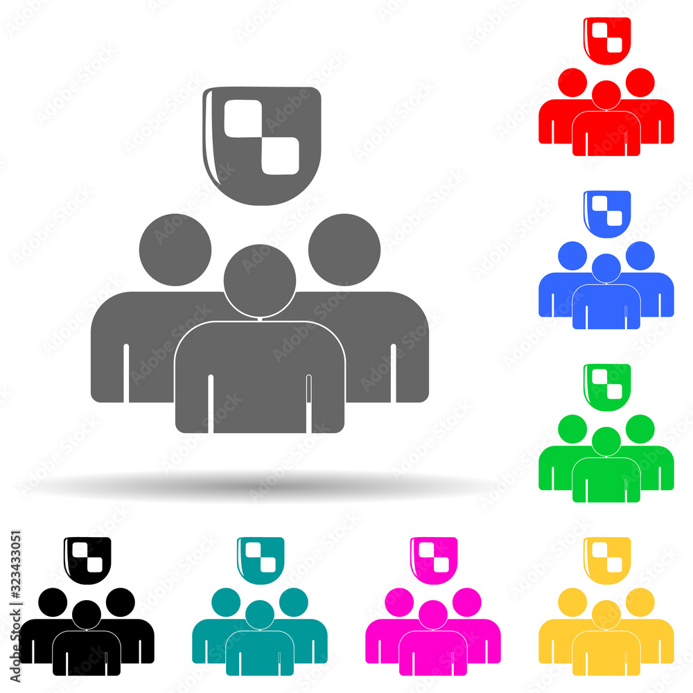Poster people under the shield multi color style icon. simple glyph, flat vector of insurance icons for ui 