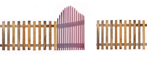 wooden fence with a gate isolated on white including clipping path