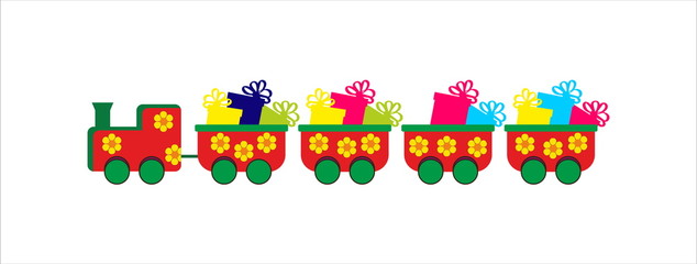Children colorful train with presents