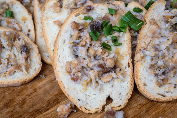 Close up on a Polish traditional rural sandwiches - bread slices with lard and chive