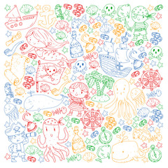 Naklejka premium Pirates and mermaids. Vector pattern for little children. Birthday party in sea and ocean style