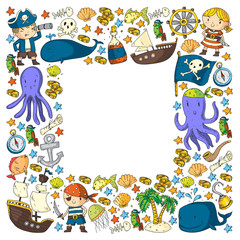 Obraz premium Pirates and mermaids. Vector pattern for little children. Birthday party in sea and ocean style