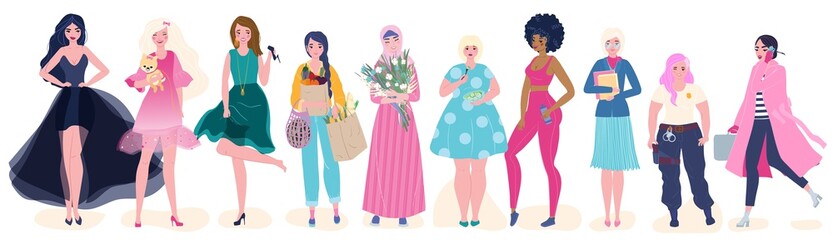 Women in different outfits, various lifestyle cartoon characters, vector illustration. Set of isolated cartoon characters, female body and cultural diversity. Fashion model, housewife, different women