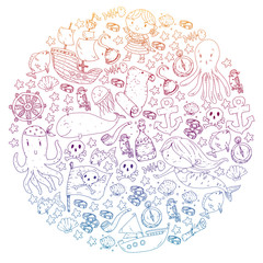 Fototapeta premium Pirates and mermaids. Diving icons. Vector pattern for little children. Birthday party in sea and ocean style