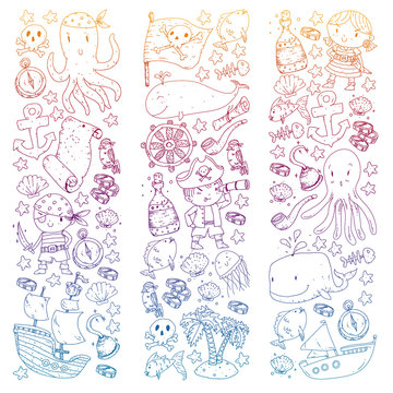 Pirates and mermaids. Diving icons. Vector pattern for little children. Birthday party in sea and ocean style