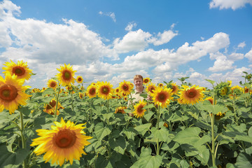Caucasian redhead man in Sleeveless Beige Shirt stands in the middle of yellow and green agriculture sunflower field in sunny day. Theme of summer and agriculture.