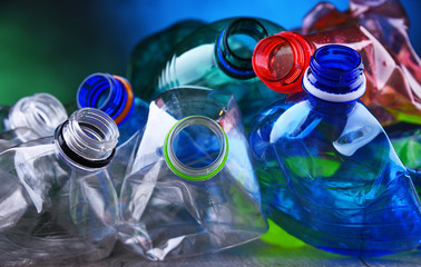 Empty colored carbonated drink bottles. Plastic waste
