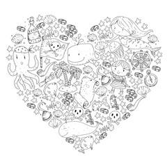 Pirates and mermaids. Vector pattern for little children. Birthday party in sea and ocean style