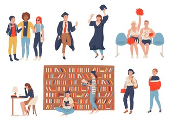 Students in school, college or university, set of cartoon characters, vector illustration. Hand drawn people studying in college, reading books in library. Students education, learning and graduation