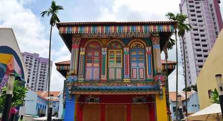 Colorful House in little India with Skyscraper in the back, Singapore