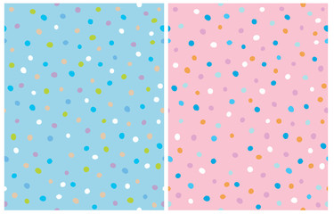 Simple Hand Drawn Irregular Dots Vector Patterns. Pink, Beige and White Dots on a Light Blue Background. Blue, White and Orange Dots on a Pink Background. Infantile Style Abstract Dotted Print.