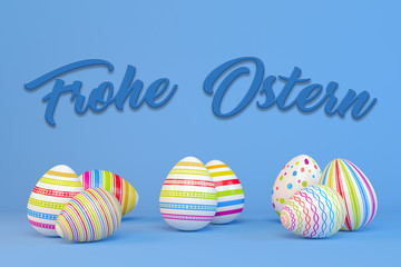 3d Illustation - Frohe Ostern - 8 farbenfrohe, bemalte Ostereier auf blauen Hintergrund - Text - Oster