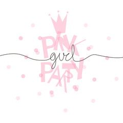 Pink party girl inscription on confetti background. Pastel rose transparent overlapped letters. One line calligraphic girlish quote. Vector illustration. Girl-like festal princess design for card