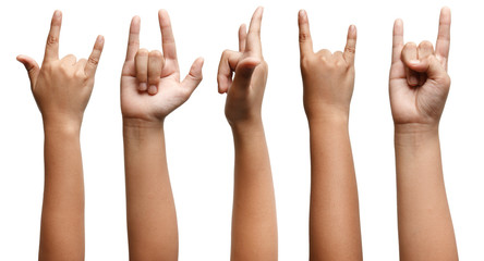 Group of Boy Asian hand gestures isolated over the white background. Love and Rock Sign.