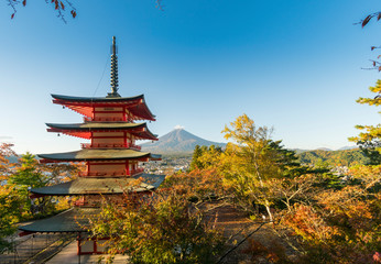 Mt.Fuji and Chureito pagoda in autumn red color