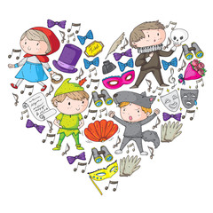 Fototapeta premium Perfomance, theatre with little children. Kindergarten kids in fairy tale scenes. Young actors perfoming Red Riding Hood and Shakespeare Hamlet. Robin hood costume.