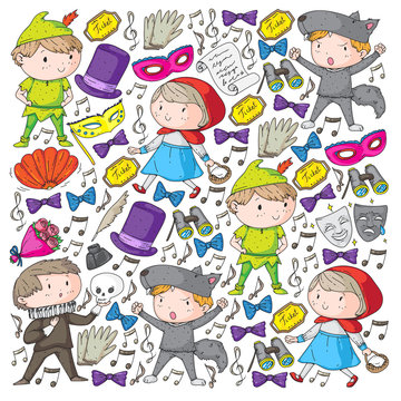 Perfomance, theatre with little children. Kindergarten kids in fairy tale scenes. Young actors perfoming Red Riding Hood and Shakespeare Hamlet. Robin hood costume.