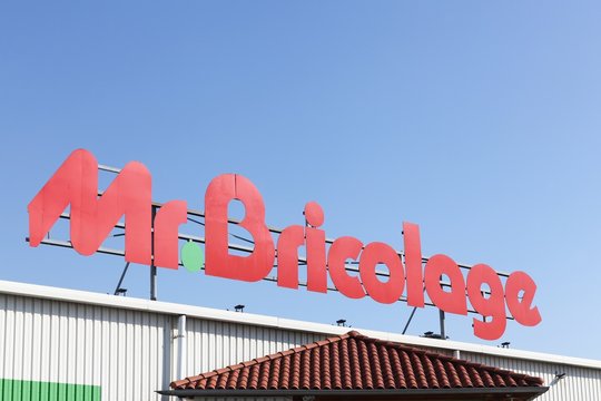 Arles, France - July 4, 2018: Mr. Bricolage logo on a building. Mr. Bricolage is a French retail chain offering home improvement and do-it-yourself goods