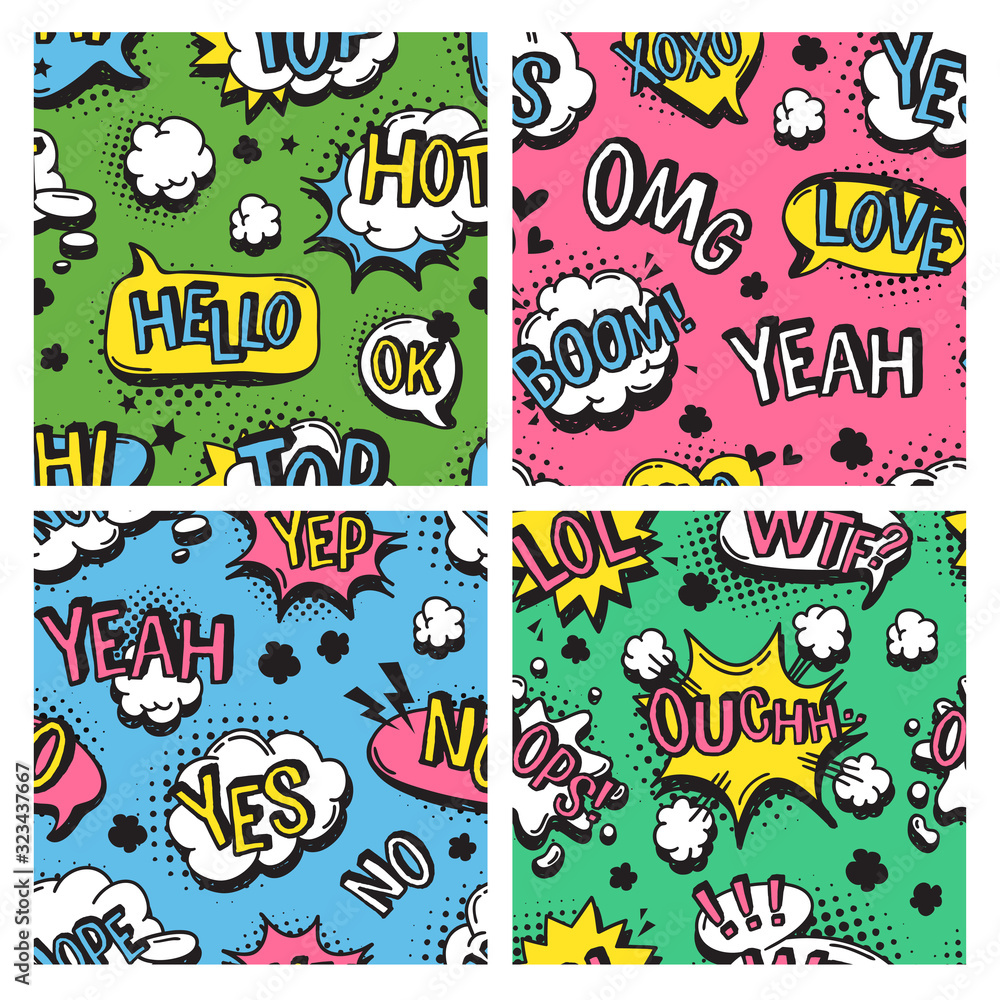 Poster hand drawn seamless pattern with speech bubbles for text. vector pop art background and words. doodl