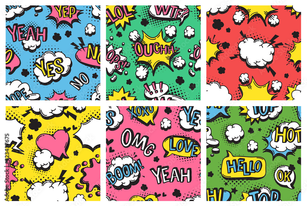 Poster hand drawn seamless pattern with speech bubbles for text. vector pop art background and words. doodl
