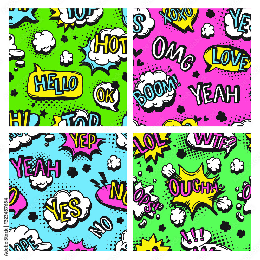 Poster hand drawn seamless pattern with speech bubbles for text. vector pop art background and words. doodl
