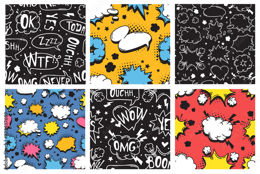 Poster hand drawn seamless pattern with speech bubbles for text. vector pop art background and words. doodl