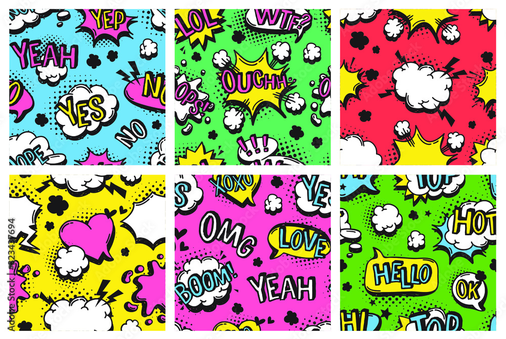 Poster hand drawn seamless pattern with speech bubbles for text. vector pop art background and words. doodl