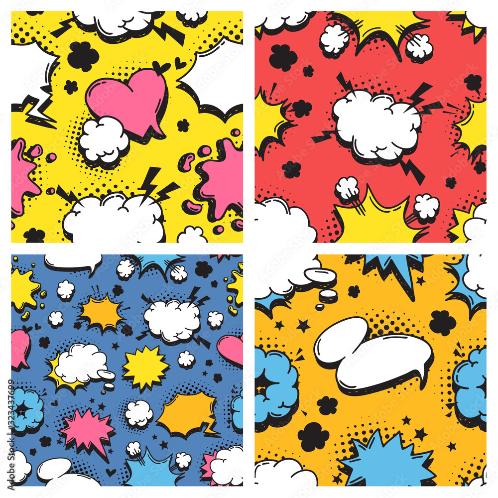 Poster hand drawn seamless pattern with speech bubbles for text. vector pop art background and words. doodl