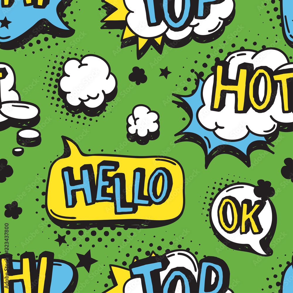 Poster hand drawn seamless pattern with speech bubbles for text. vector pop art background and words. doodl