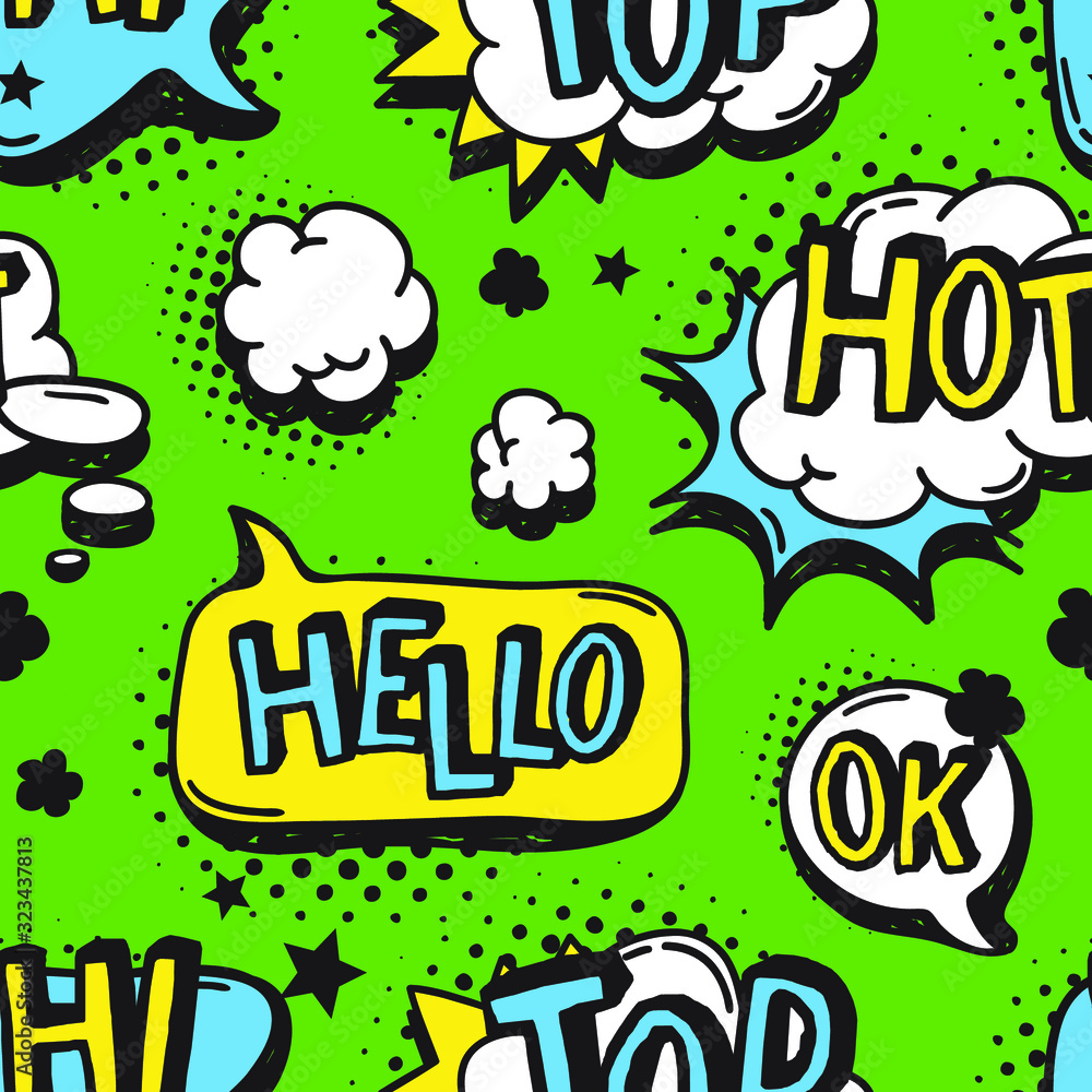 Poster hand drawn seamless pattern with speech bubbles for text. vector pop art background and words. doodl