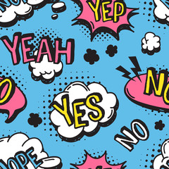 Hand drawn seamless pattern with speech bubbles for text. Vector pop art background and words. Doodle element for dialog or comic