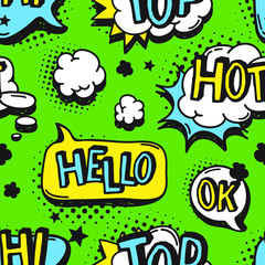 Hand drawn seamless pattern with speech bubbles for text. Vector pop art background and words. Doodle element for dialog or comic