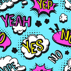 Hand drawn seamless pattern with speech bubbles for text. Vector pop art background and words. Doodle element for dialog or comic