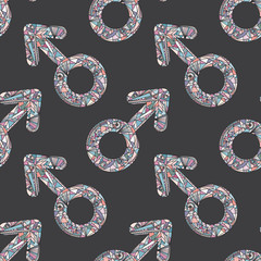 Male gender symbols vector seamless pattern. Hand drawn boy love signs background.