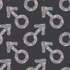 Male gender symbols vector seamless pattern. Hand drawn boy love signs background.