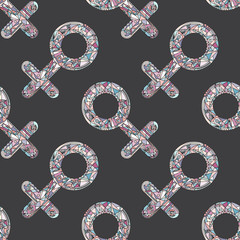 Female gender symbols vector seamless pattern. Hand drawn girl love signs background.