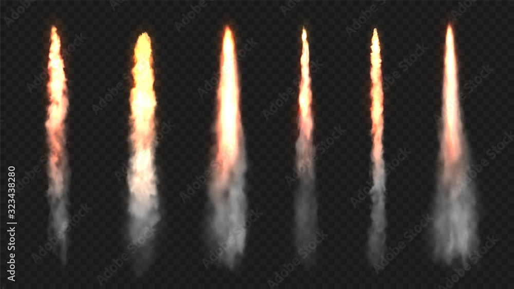 Poster rocket fire and smoke trails, vector realistic spacecraft startup launch elements. space rocket laun