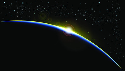 Rising or setting sun over the horizon, view from space, also stars in space and glare from the sun.