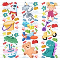 Vector set with toys icons. Pattern for kindergarten, little children. Kids playing.