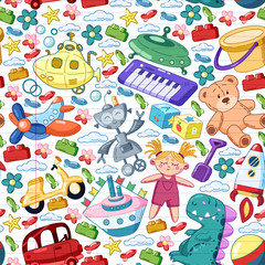 Fototapeta premium Vector set with toys icons. Pattern for kindergarten, little children. Kids playing.