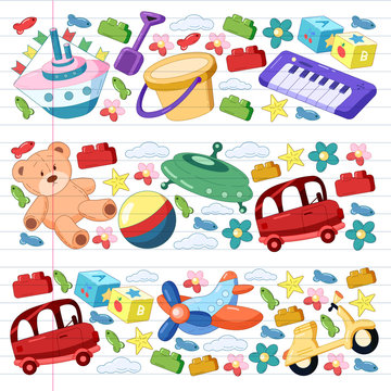 Vector set with toys icons. Pattern for kindergarten, little children. Kids playing.