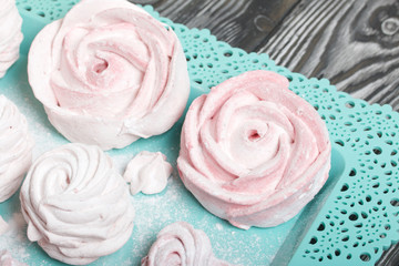 Obraz na płótnie Canvas Delicate pink marshmallows of various shapes. Lies on a turquoise tray. Sprinkled with icing sugar.