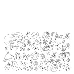 Christmas winter party. Happy new year. Bullfinch, Santa Claus, snowman, deer. Presents and candy.