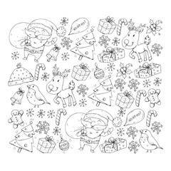 Christmas winter party. Happy new year. Bullfinch, Santa Claus, snowman, deer. Presents and candy.