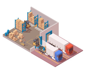 Isometric modern warehouse. Illustration include semi trucks, pallets, boxes, forklift and pallet jack. Storage icon. Isolated on white.