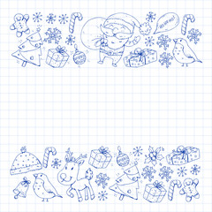 Christmas winter party. Happy new year. Bullfinch, Santa Claus, snowman, deer. Presents and candy.