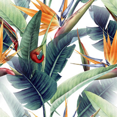 Seamless floral pattern with tropical leaves and strelitzia on light background. Template design for textiles, interior, clothes, wallpaper. Watercolor illustration - obrazy, fototapety, plakaty