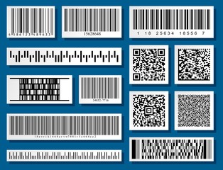 Barcodes and QR codes collection set. Black striped code for digital identification. Vector code information, QR, store scan codes. Industrial coding information. Vector illustartion