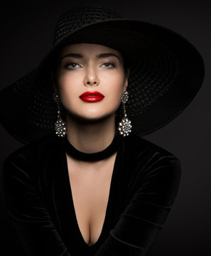 Beautiful Woman in Black, Elegant Lady Red Lips and Earrings Jewelry, Studio Beauty Portrait